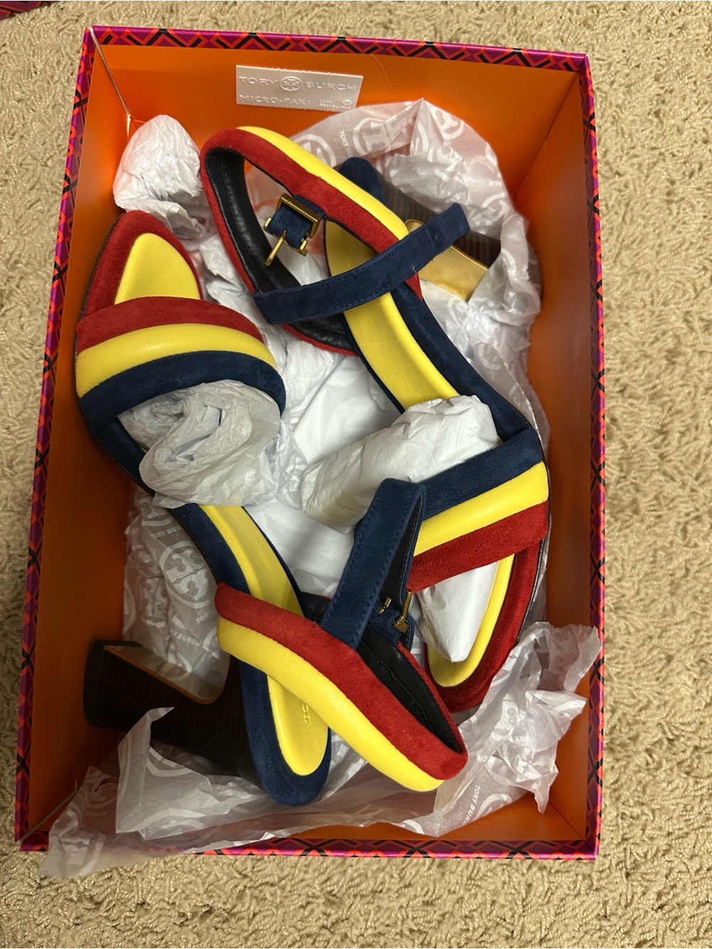 Tory Burch Tricolor Suede Ankle-Strap Heels in Red, Navy & Yellow - Picture 4 of 7